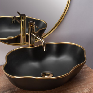 REA PEARL 52 асиметрична мивка върху плот, черен мат и златен ръб 