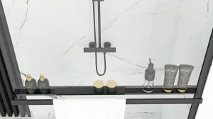 REA BLER EVO BLACK душ-параван с черен обков и поставка и окачалка за хавлия 